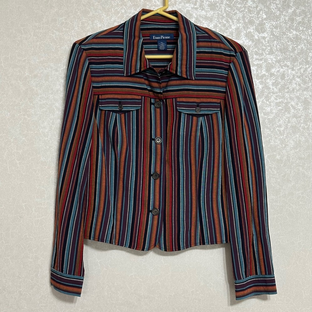 Evan-Picone Striped Button Front Cropped Jacket Linen Rayon Boho Earth Tones XL